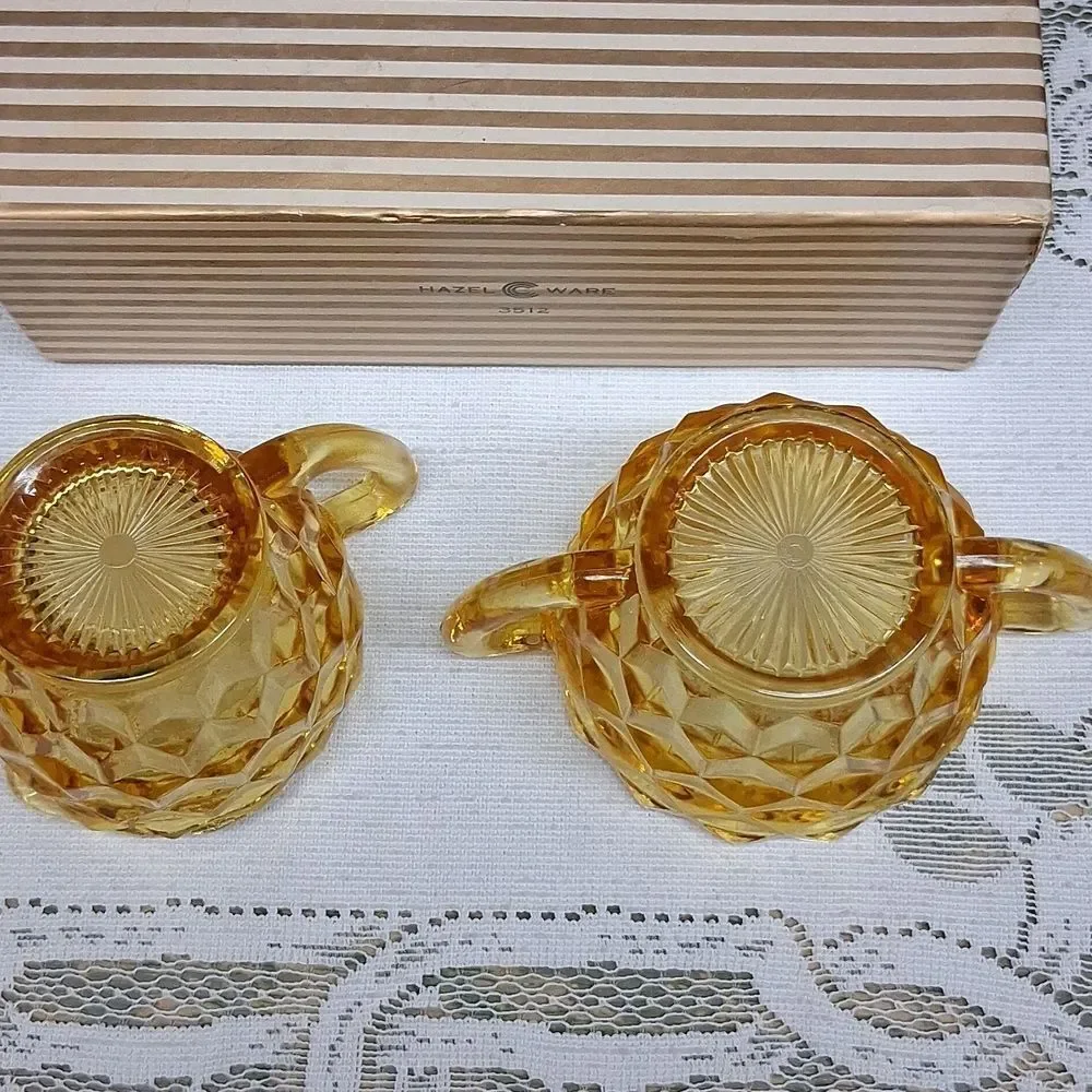 Vintage amber glass creamer and sugar set‎ -cubist depression glass